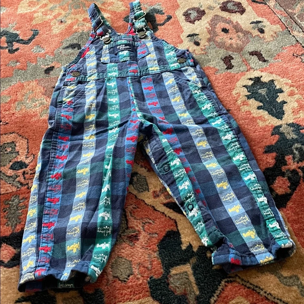 Vintage Baby OshKosh B'gosh Boys Retro Striped Plaid Airplane Overalls 24M